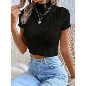 Suéter de Punto Trenzado con Cuello Alto y Manga Corta Color Leche Talla XS para Mujer - Product Image 5
