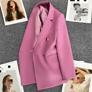 Ling205-Quality Blazer Cost Purple <strong>Pink</strong> Buckle Suit <strong>Jacket</strong> Autumn New British Style Design Double Breasted Women