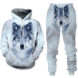 Ensemble 2 pièces sweat à capuche pour homme imprimé loup personnalisé impression numérique logo ensemble jogging de haute qualité pour homme sweats à capuche et joggers - Product Image 2