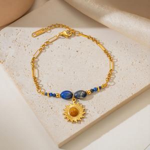 Bracciale in Acciaio Inossidabile Antiossidante <span class=keywords><strong>con</strong></span> Placcatura in Oro PVD 18K e <span class=keywords><strong>Perline</strong></span> di Lapislazzuli, Catena Regolabile per Donna, Gioielli Boho - Product Image 3