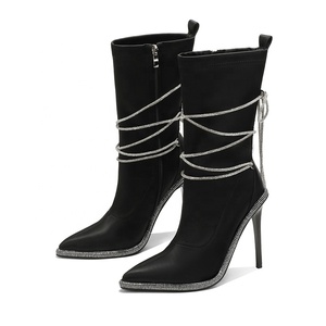 Bottines mi-mollet à talon aiguille et bout pointu pour femmes, <span class=keywords><strong>noires</strong></span>, coréennes, formelles, avec strass, à enfiler - Product Image 3