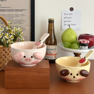 Set di stoviglie per bambini maialini simpatico cartone animato con crema cucciolo di riso in ceramica e <span class=keywords><strong>ciotola</strong></span> di Noodle con cucchiaio per insalata di Dessert - Product Image 2