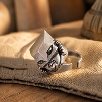 Bague ajustable vintage Masque de Pharaon, plaqué argent antique, style égyptien rétro, pour homme, base en cuivre
