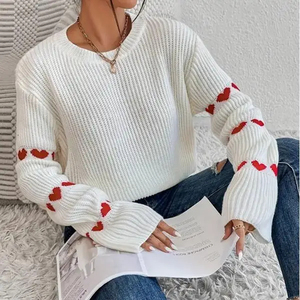 Suéter Casual de Invierno para Mujer LASARO INTERNATIONAL, Cuello Redondo, Color Blanco, Bordado de Corazón Rojo, Manga Regular, 100% Algodón - Product Image 2