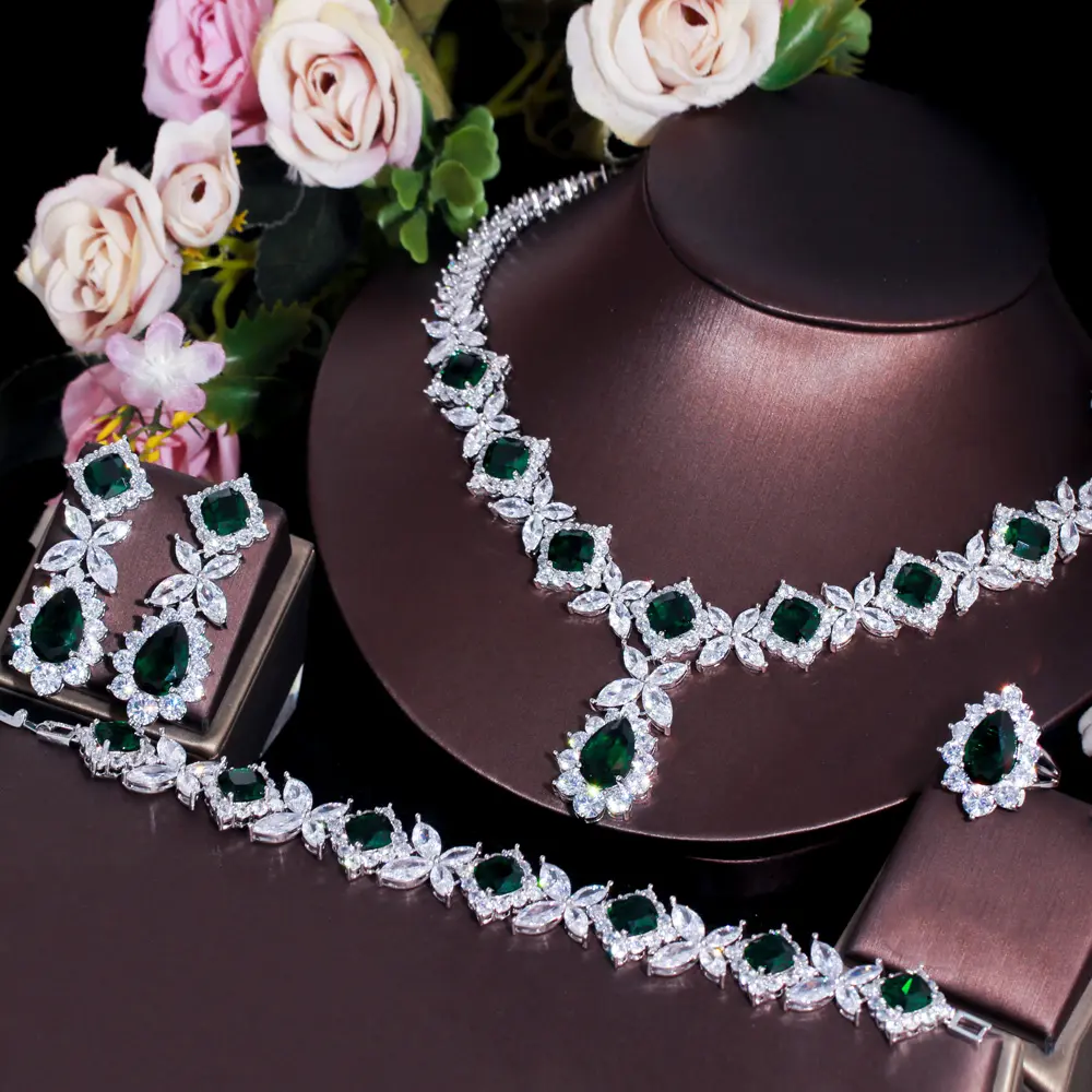 4 pcs Flower Drop Emerald Green Big Cubic Zircon Dubai Women Party Costume Jewelry Sets for Brides Wedding Luxury