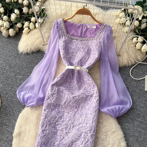 Đầm nữ tay bồng ren tím thanh lịch, đính đá, xẻ tà, ôm dáng, kiểu bodycon, phong cách thường ngày - Product Image 4