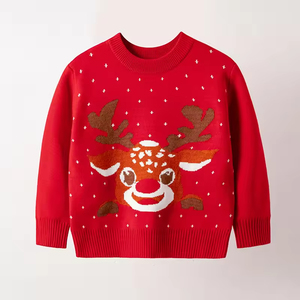 Pull de Noël personnalisé en tricot pour garçons et filles, avec décorations jacquard cerf et fleurs, col rond, pour l'hiver - Product Image 3