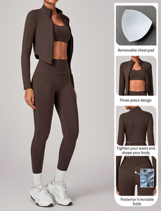 Leggings sculptants personnalisés, Veste de yoga respirante à col montant, Soutien-gorge de sport, Ensemble de yoga décontracté extensible pour femme - Product Image 3
