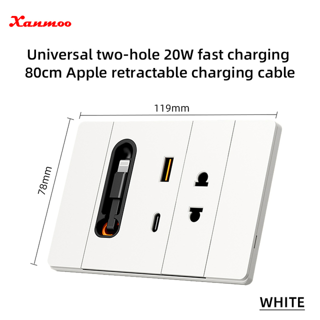 118 Model Multifunctional Dual-Port USB 20W Fast Charging Type-C Retractable Cable 10A 2 Outlets Universal Wall Socket