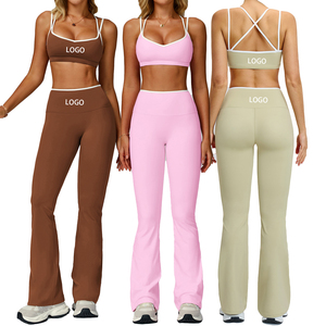 Tuta sportiva Casual estiva D-TZ9238-3 da <span class=keywords><strong>donna</strong></span> con motivo solido reggiseno a contrasto pantaloni a campana per <span class=keywords><strong>abbigliamento</strong></span> Yoga da corsa all'aperto - Product Image 1