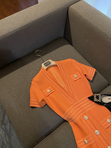 Robe <span class=keywords><strong>Mini</strong></span> Orange Femme Chic Découpe Sexy Col en V Profond Manches Courtes Unie pour Bureau - Product Image 4