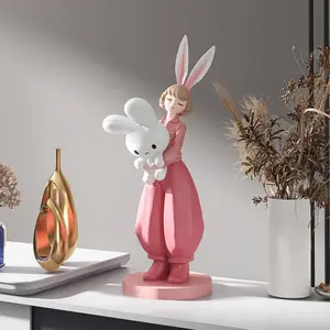 New Resin Large Landing Girl Holding Rabbit Sculpture Light Luxury Soft Decoration Hotel Living Room Ornaments