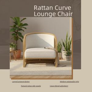 Fauteuil d'appoint moderne de luxe pour salon, en bois, avec coque extérieure en rotin et coussin en lin, idéal pour chambre, appartement, hôtel - Product Image 3