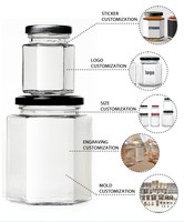 Grand stock de pots en verre hexagonaux de 100 ml, 150 ml, 380 ml pour miel, cornichons, confiture, soie de miel