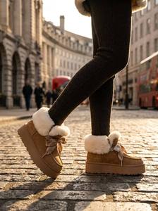 Bottes de neige tendance pour femmes à plateforme, hauteur accrue de 5 cm, avec lacets en ruban, col en fourrure moelleuse, logo personnalisable - Product Image 3