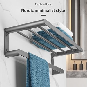 Scaldasalviette Pieghevole Grigio Canna di Fucile, Porta <span class=keywords><strong>Asciugamani</strong></span> da Parete per Bagno con Installazione Senza Foratura, Design Moderno - Product Image 3