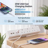 Multiprise de bureau à fixation sur bord de table en aluminium, 3 prises, 2 ports RJ45 CAT6, USB-C 20W à charge rapide, gain de place, pour bureau (Royaume-Uni)