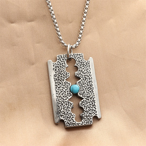 <b>Titanium</b> Steel Razor Blade Pendant With Turquoise Inlay Geometric Design Punk Retro Men's Necklace Everyday Wear - Product Image 1