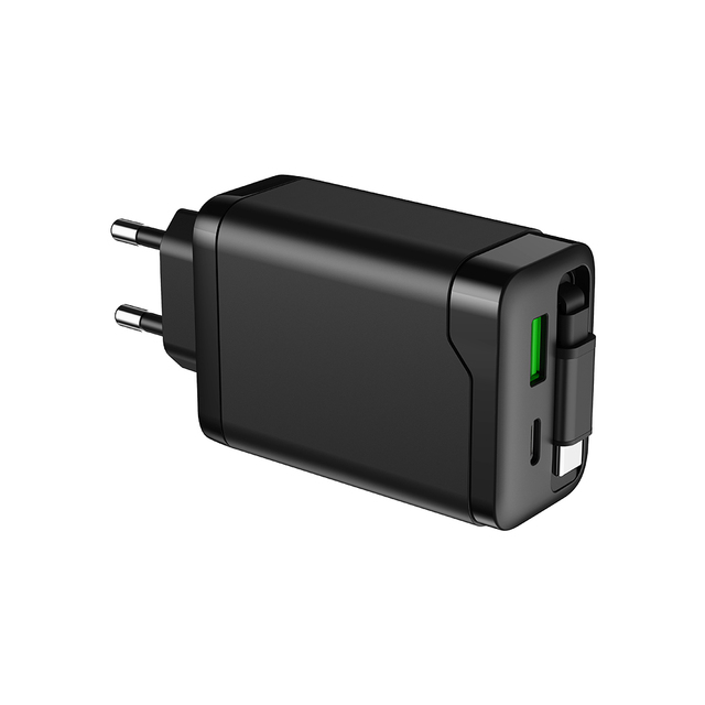 KC EU Retractable Type-C Cable Dual Port 65W GaN Wall Charger Travel Fast Charging Adapter for iPhone Galaxy iPad MacBook