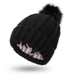 Gorros de punto con forro de satén y pompón de piel desmontable para niñas, forro de seda, elásticos, cálidos, para invierno, casquette, chapeau femme - Product Image 3