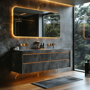Ensemble de Meubles de Salle de Bain de Luxe Modernes en Acier Inoxydable avec Double Vasque, Miroir et Montage Mural en Marbre pour Hôtel - Product Image 2