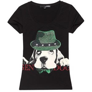 Women's Black Rhinestone Dog Print T-Shirt Casual Short Sleeve Cotton <b>Knitted</b> Top Daily Wear - Product Image 3