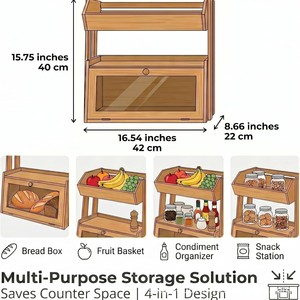 Boîte à pain en bambou, étagère de rangement trapézoïdale à plusieurs niveaux, ventilée, pour organiser le pain et les aliments dans la cuisine - Product Image 5