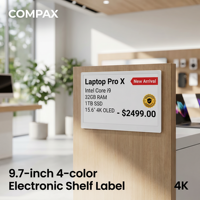 Etiqueta de Precio Digital COMPAX para Interiores de Supermercados, Pantalla de Tinta Electrónica de 9.7 Pulgadas y 4 Colores, Resistente al Agua y al Polvo IP65, ESL