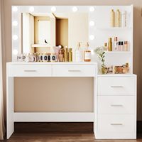 Bureau vasque avec miroir et lumières, table de toilette de maquillage avec étagères de rangement et 5 tiroirs, coiffeuse de chambre à coucher