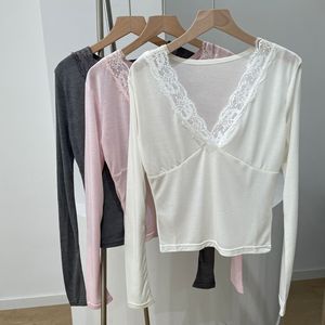 2025 di Brandy BM da <span class=keywords><strong>donna</strong></span> Casual semplice in pizzo a collo a V t-shirt a maniche lunghe Sexy Versatile canottiera per la primavera estate colore puro - Product Image 1