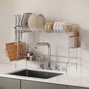 Kitchen Countertop <b>Dish</b> Drain Storage Rack 304 Stainless Steel Rust-Proof Cutlery Organizer Double Includes Chopstick Basket - Product Image 3