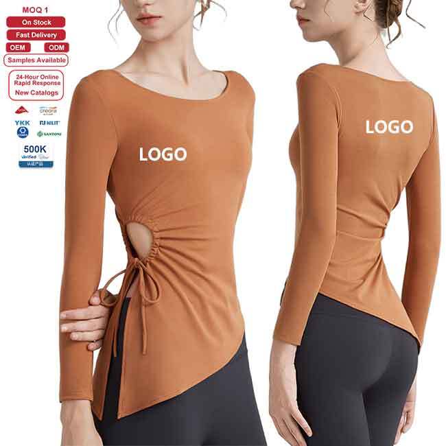 OEM Woman Eco Friendly Side Drawstring With Openwork Design Yoga Top Fitness Casual Wear OEM Manufacturer Gym Shirt Long Sleeve