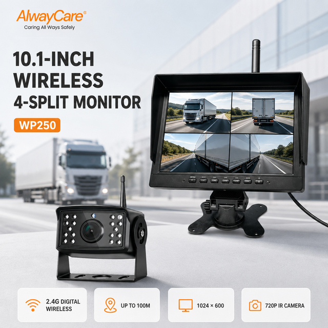 AlwayCare Dual Wireless Camera System 10.1 Inch 4 Channel Split Screen 1080P 170 Degree IP68 Cameras Truck Bus Trailer Monitor
