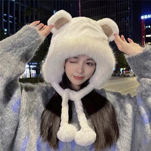 Nouveau 2023 hiver mode mignon dessin animé ours dame grand à capuche trois boules de fourrure acrylique épais polaire tricoté en peluche bonnet chapeau - Product Image 5
