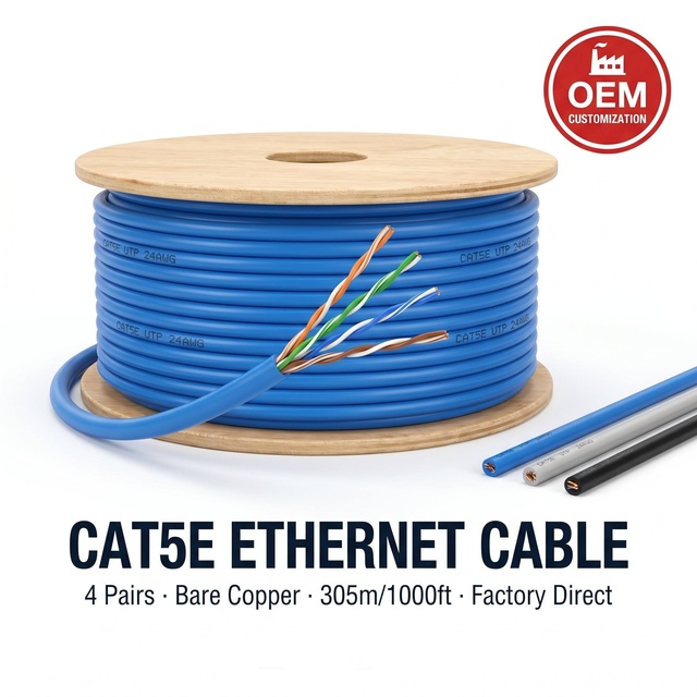 CAT5E Ethernet Cable 305m UTP 24AWG 0.5mm*4 Pair Solid Copper 100MHz PVC Jacket OEM Custom Color for Office Data Center