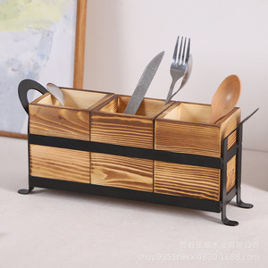 Wooden Cutlery Organizer With Metal Frame 33x9x15cm Kitchen Countertop Storage <b>Rack</b> For Knife Fork Spoon <b>Dish</b> Drying - Product Image 3