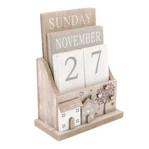 Wooden Block Perpetual Calendar with House and Tree Design