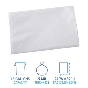 Sacs poubelles industriels blancs Boardwalk de 16 gallons, 0,5 mil, 24 x 32, 500/carton, faible densité linéaire pour sacs à déchets domestiques - Product Image 1