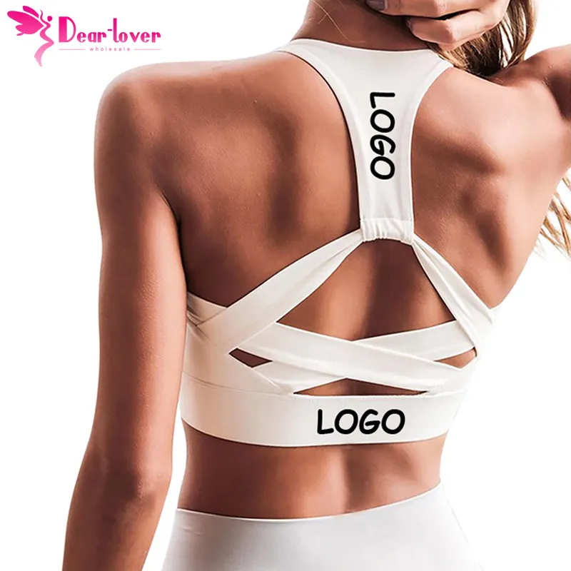 Dear-Lover Custom Logo Private Label Wholesale High Quality Printed Yoga Bra Top Fitness Open Back Halter Sports Bra For Women