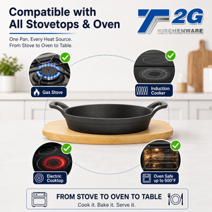 Sizzling Steak Platter <b>Cast</b> <b>Iron</b> Skillet with Wooden Trivet Direct to Table Serving Oval Sizzler <b>Pan</b> Oven Safe 500F - Product Image 6