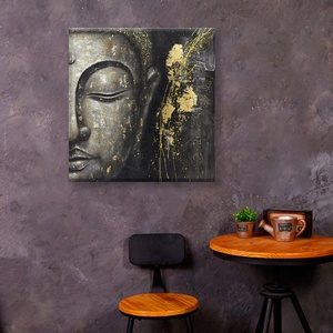 Dipinto a Olio Moderno 100% Fatto a Mano di Buddha Mezzo Volto Giallo Dorato su Tela, Pittura Astratta di Buddha per Decorazione Murale del Soggiorno - Product Image 3