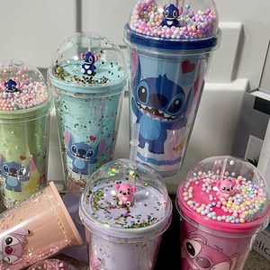 Детская кружка-непроливайка Creative Cartoon Stitch, 450 мл, с большой емкостью, соломинкой, двухслойная, для воды с эффектом дробленого льда - Product Image 5