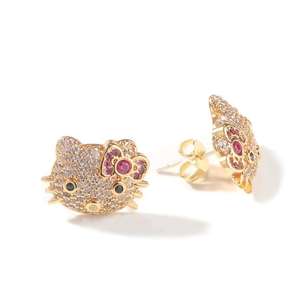 Nueva llegada Hello <span class=keywords><strong>Kitty</strong></span> chapado en oro joyería diseño Hip Hop lindo gato pendientes latón Micro pavé 5A circón moda Stud pendientes - Product Image 3