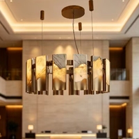 Lustre moderne de luxe en onyx, suspension en laiton doré, éclairage LED, télécommande, abat-jour en albâtre anti-éblouissement, pour salon et salle à manger