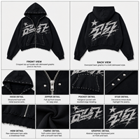 Sudadera con Capucha de Diseño OEM, Cuello Alto, Letras de Tela con Pedrería, 100% Algodón, 460 g/m², Lavado Ácido, Logotipo Negro Impreso en Serigrafía de Calidad