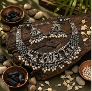 DIVYORO Folk Dance Motif Oxidized Silver Choker Set Designer <b>Statement</b> <b>Necklace</b> Set with Earrings Elegant Fashion Jewelry - Product Image 2