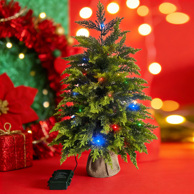Mini 2ft Artificial Spruce Christmas Tree Plastic Pot Linen Base High Quality Eco-Friendly Pre-Lit 40 LED Lights Warm White