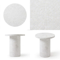 Table d'appoint cylindrique moderne en mosaïque de travertin naturel de luxe avec piétement pour salle à manger, hôtel, suite, villa, chambre, salon – Personnalisable