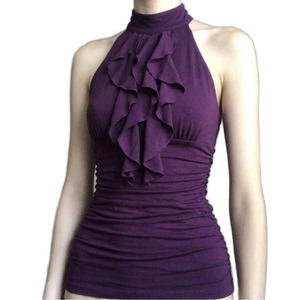 Purple <b>Patchwork</b> Crew Neck Ruched Ruffle Ribbons Breathable Knitted Spandex/Polyester Sleeveless Sexy Backless Front Club - Product Image 1