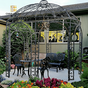 Véranda extérieure en fer forgé avec structure en acier, motifs floraux forgés, <span class=keywords><strong>abri</strong></span> de jardin de style européen pour villa. - Product Image 1